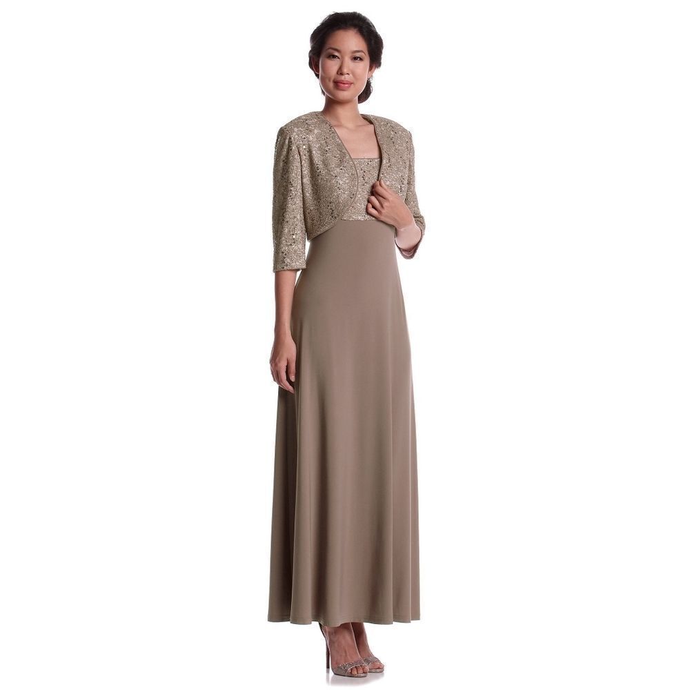 New! R&M RICHARDS Women's Sequin Lace 2-Piece Dress & Jacket Color Mocha Brown